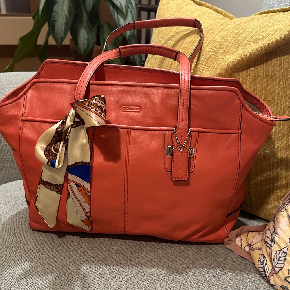 Coach Orange Leather Tote with Scarf Accent